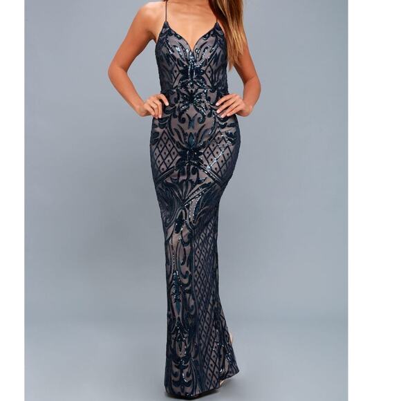 LULUS NWOT Ruby Navy Blue Sequin Lace-Up Maxi Ball Gown Slit Open Back Dress XS - Picture 1 of 11
